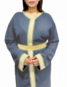 robe Caftan gris clair avec liseré brodé Dorées  - 1 2