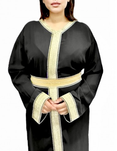 robe Caftan noir avec liseré brodé Dorées  - 2