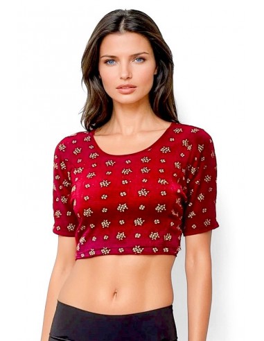 Blouse top Court gauffré Rouge Bordeau avec Motifs Dorés  - 1