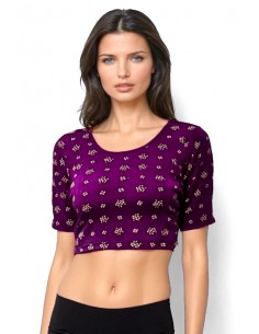 Blouse top Court gauffré violet avec Motifs Dorés  - 1