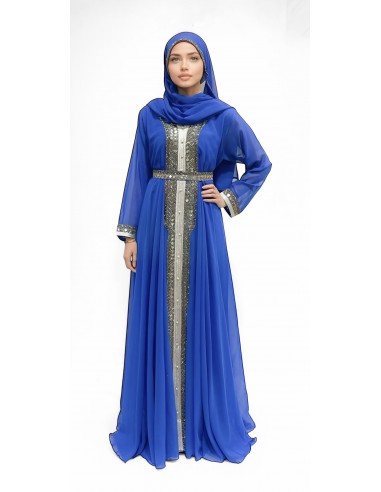 caftan robe longue Abaya Bleue Royale avec Broderies Argentées - Tenue Traditionnelle Chic et Moderne  - 1