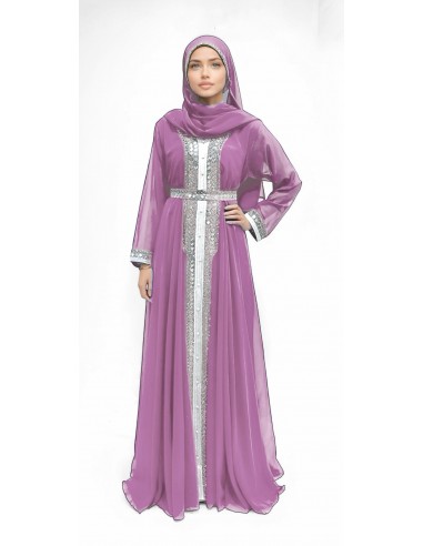 caftan robe longue Abaya rose pastel avec Broderies Argentées - Tenue Traditionnelle Chic et Moderne  - 1