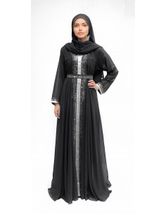 caftan robe longue Abaya noir avec Broderies Argentées - Tenue Traditionnelle Chic et Moderne  - 1