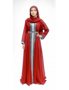 caftan robe longue Abaya rouge avec Broderies Argentées - Tenue Traditionnelle Chic et Moderne  - 1