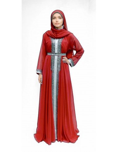 caftan robe longue Abaya rouge avec Broderies Argentées - Tenue Traditionnelle Chic et Moderne  - 1