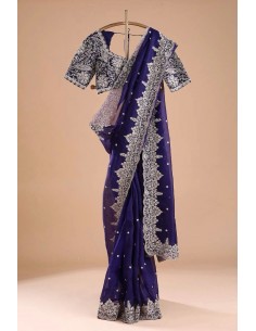 Sari brodé violet en tulle avec blouse assortie mariage, soirée et fête traditionnel chic et élégant avec perles et sequins  - 1