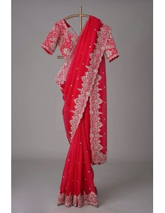 Sari Brodé Rose rouge Traditionnel – Sari de Mariage et de Soirée Chic en Tulle avec Blouse Assortie et Bordure Brodée  - 1