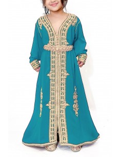 Caftan fille Enfant Marocain Brodé bleu vert 5 - 6 ans - Idéal pour Mariage, Fête et Aïd | Robe Orientale Princesse  - 1