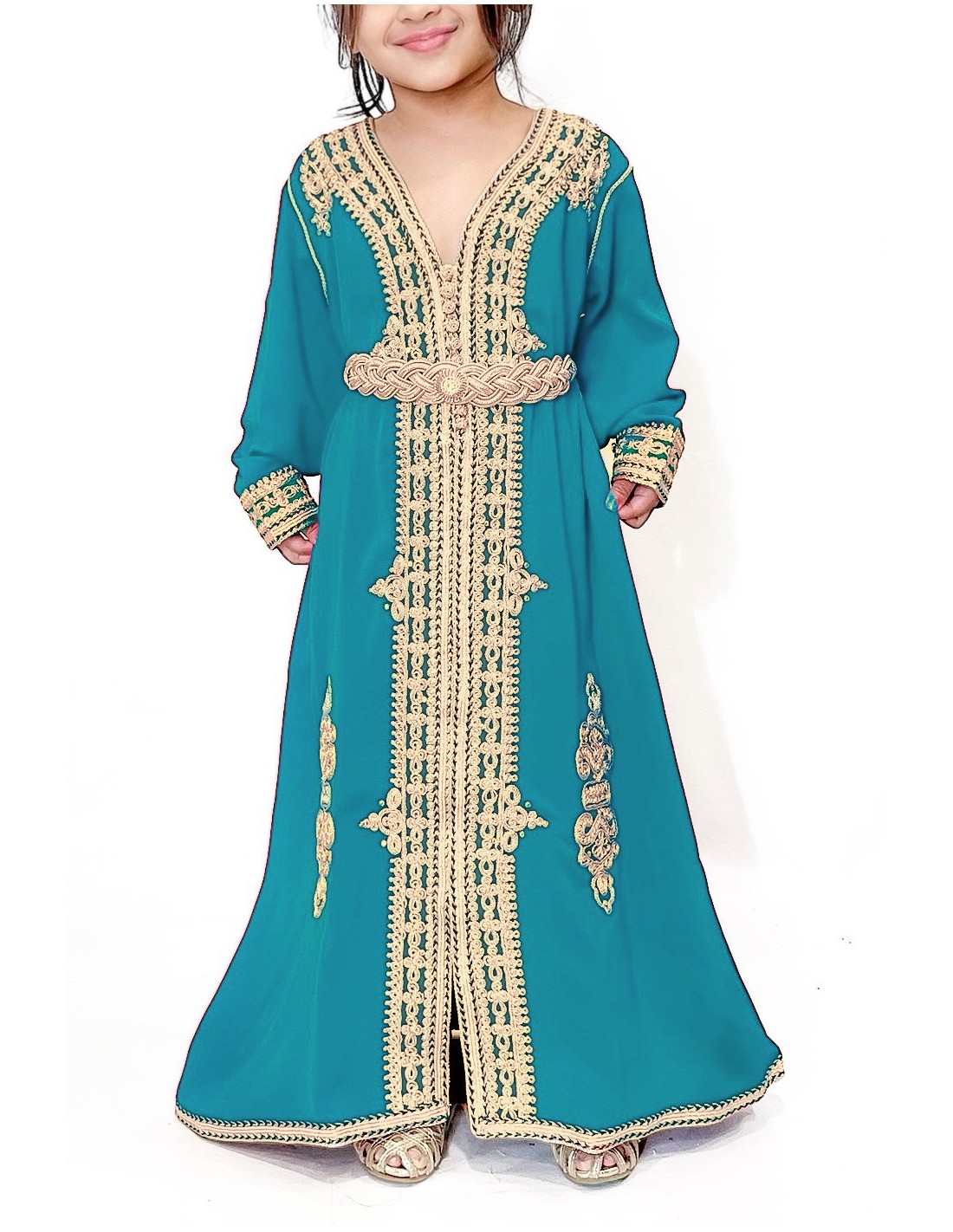 Caftan fille Enfant Marocain Brodé bleu vert ans Idéal