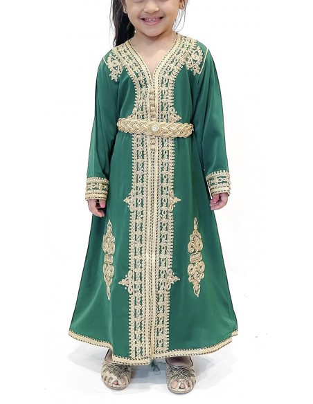 Caftan fille Enfant Marocain Vert 2 au 6ans  - Idéal pour Mariage, Fête et Aïd | Robe Orientale Princesse  - 1