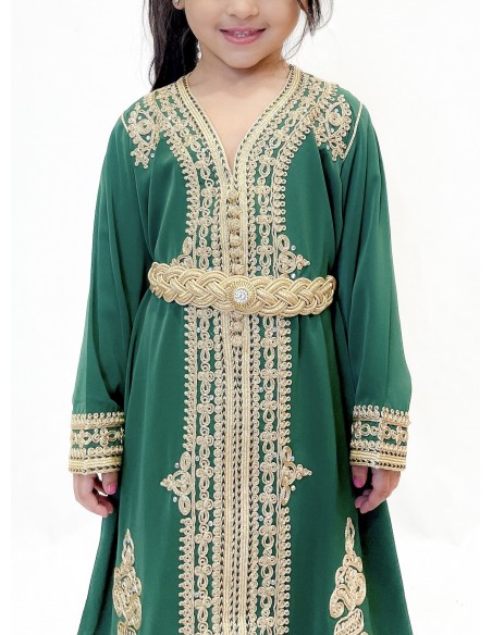 Caftan fille Enfant Marocain Vert 2 au 6ans  - Idéal pour Mariage, Fête et Aïd | Robe Orientale Princesse  - 2