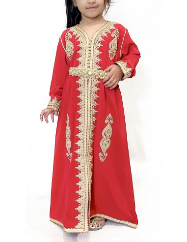 Caftan fille Enfant Marocain Rouge 3 - 9ans  - Idéal pour Mariage, Fête et Aïd | Robe Orientale Princesse  - 1