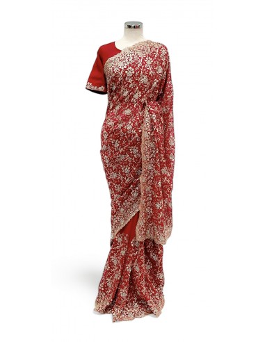 Sublime Sari Rouge Brodé Or mariage Prêt a porter  - 1