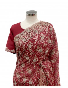 Sublime Sari Rouge Brodé Or mariage Prêt a porter  - 1 2