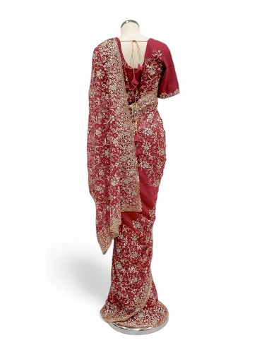 Sublime Sari Rouge Brodé Or mariage Prêt a porter  - 3