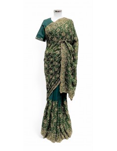 Sublime Sari vert émeraude Brodé Or mariage Prêt à porter  - 1