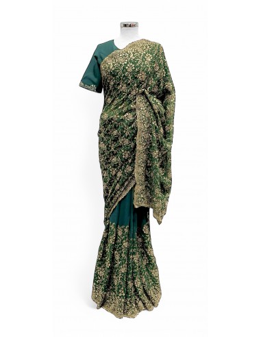 Sublime Sari vert émeraude Brodé Or mariage Prêt à porter  - 1