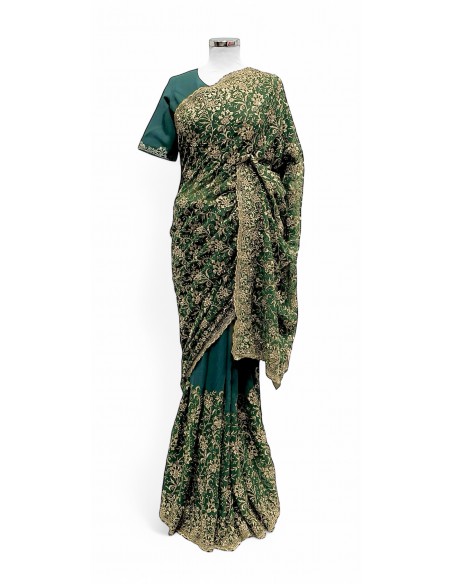 Sublime Sari vert émeraude Brodé Or mariage Prêt à porter  - 1