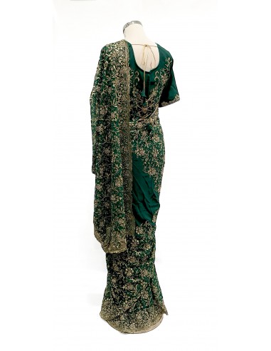 Sublime Sari vert émeraude Brodé Or mariage Prêt à porter  - 3