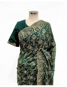 Sublime Sari vert émeraude Brodé Or mariage Prêt à porter  - 1 2