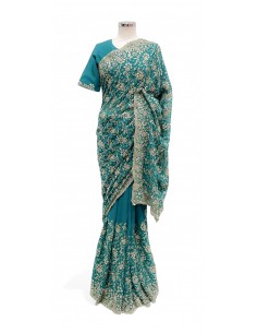 Sublime Sari bleu/vert turquoise Brodé Or mariage Prêt a porter  - 1