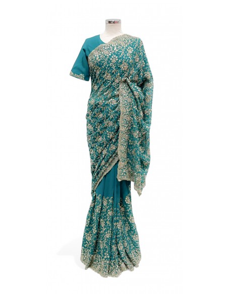 Sublime Sari bleu/vert turquoise Brodé Or mariage Prêt a porter  - 1