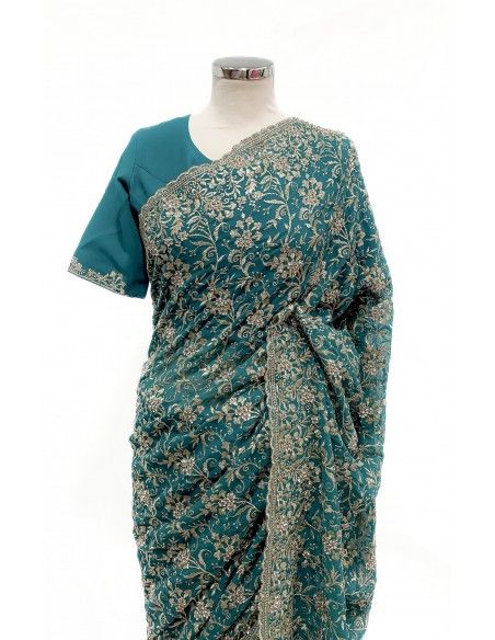 Sublime Sari bleu/vert turquoise Brodé Or mariage Prêt a porter  - 2