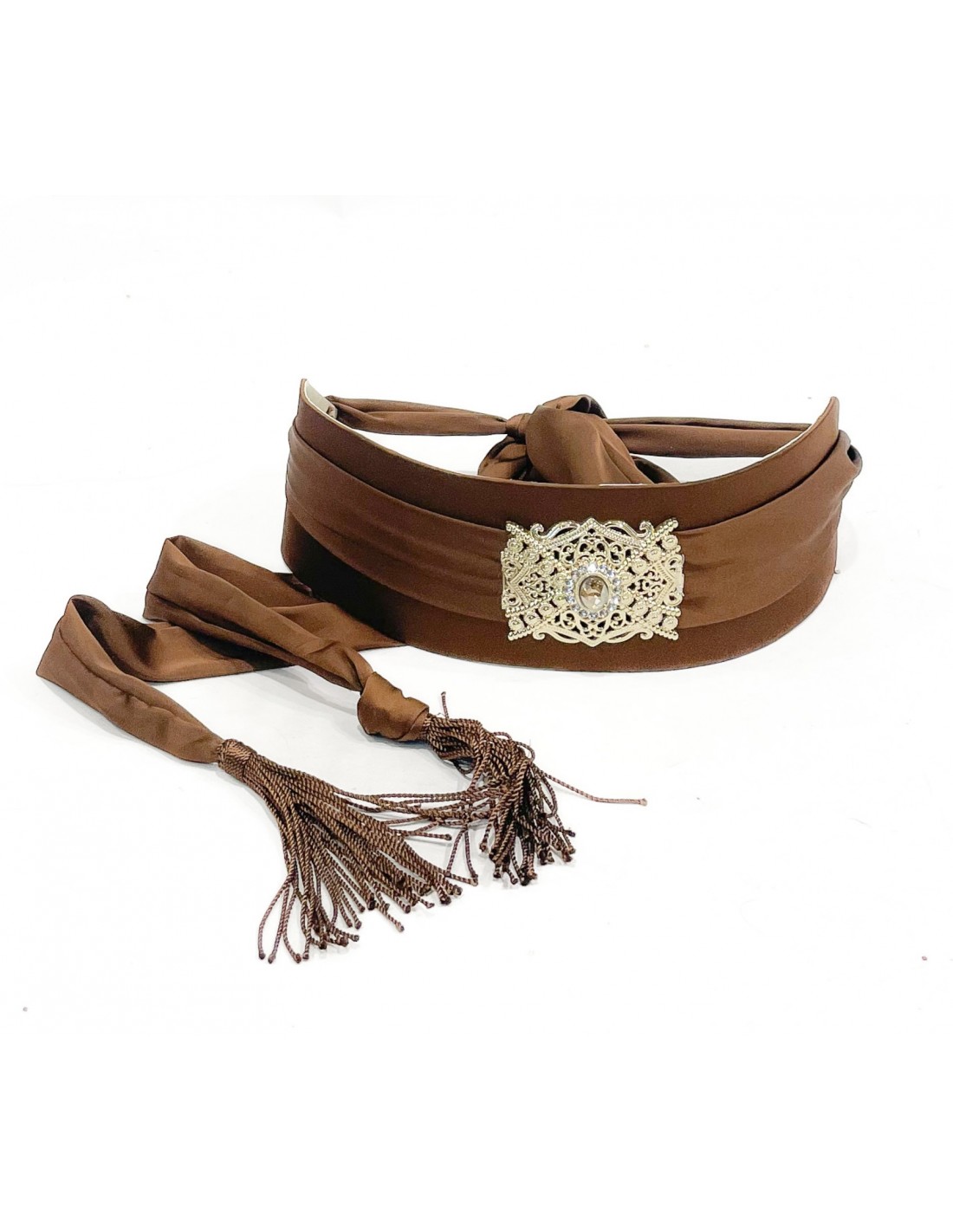 Ceinture Orientale en Satin Marron avec Boucle Dorée – Accessoire