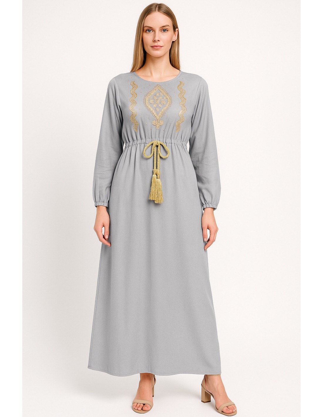 robe longue kurti strass FARAH gris clair Caftan Robe dubai Takchita