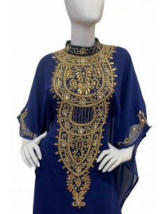 Robe Dubai farasha Abaya Kaftan Bleu nuit strass Dorées  - 1 2