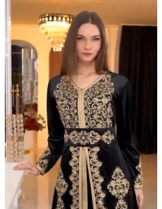 Caftan Velours Broderies dore – Modèle Prestige - Noir intense  - 1 2