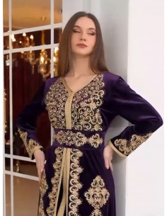 Caftan Velours Broderies dore – Modèle Prestige - Violet impérial  - 1 2
