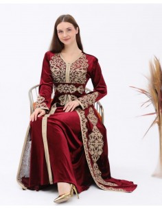 Caftan Velours Broderies dore – Modèle Prestige - Bordeaux royal  - 1 2