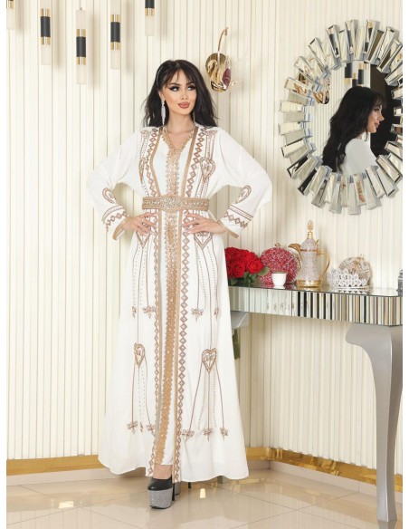 Takchita Caftan Moderne Brodé avec Ceinture Perlée – Robe Orientale Chic du 38 au 44 - Blanc Nacre  - 1