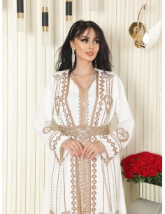 Takchita Caftan Moderne Brodé avec Ceinture Perlée – Robe Orientale Chic du 38 au 44 - Blanc Nacre - 1 2