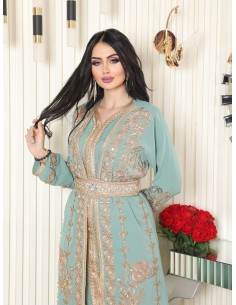 Takchita Caftan Moderne Brodé avec Ceinture Perlée – Robe Orientale Chic du 38 au 44 - Vert amande - 1 2