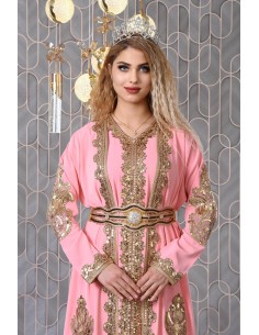 Takchita 2 Pièces Brodée Dorée – Robe de Cérémonie Orientale Luxe du 38 au 44 - Rose Poudre  - 1 2