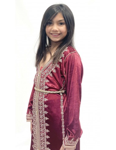 Caftan Enfant Velours Bordeaux - Broderies Dorées Élégantes | Missindya  - 1