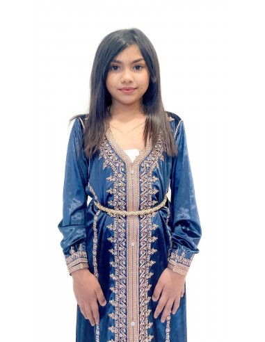 Caftan Enfant Velours bleu pétrol - Broderies Dorées Élégantes | Missindya  - 2