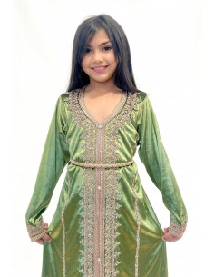 Caftan Enfant Velours vert anis - Broderies Dorées Élégantes | Missindya  - 1 2
