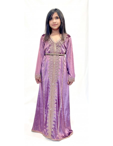 Caftan Enfant Velours violet parme- Broderies Dorées Élégantes | Missindya  - 1