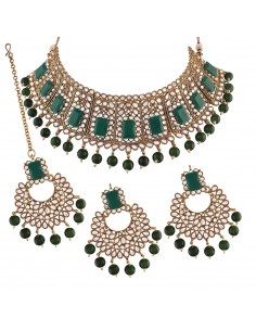 Parure Indienne Dorée et vert – Collier, Boucles, Maang Tikka  - 1
