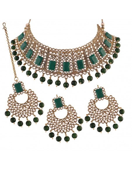 Parure Indienne Dorée et vert – Collier, Boucles, Maang Tikka  - 1