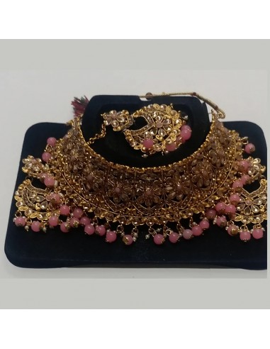 Parure Indienne Dorée et rose – Collier, Boucles, Maang Tikka  - 1