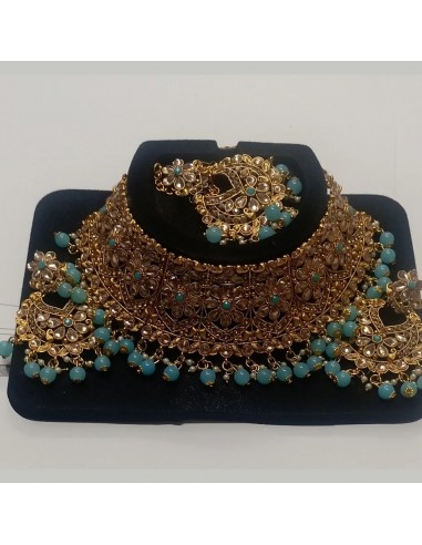 Parure Indienne Dorée et turquoise – Collier, Boucles, Maang Tikka  - 1