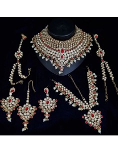 Parure bijoux indienne kundan Jewel rouge doré  - 1
