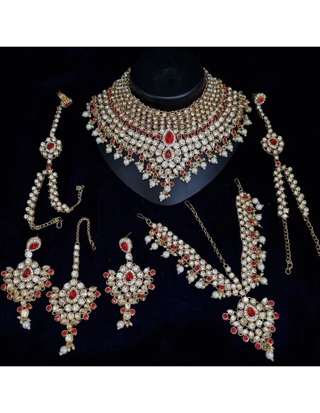 Parure bijoux indienne kundan Jewel rouge doré  - 1