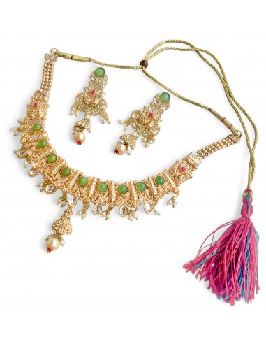 Parure de Bijoux Traditionnels Dorés avec Pierres Vertes et Perles – Collier et Boucles d’Oreilles Style Maharani  - 1