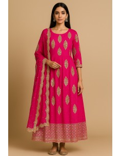 Anarkali rose indien avec sequins dorées  - 1