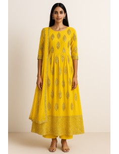 Anarkali jaune avec sequins dorées  - 1